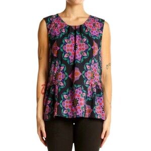 J Crew Geometric Medallion Print Flared Peplum Tank Top Blouse Navy